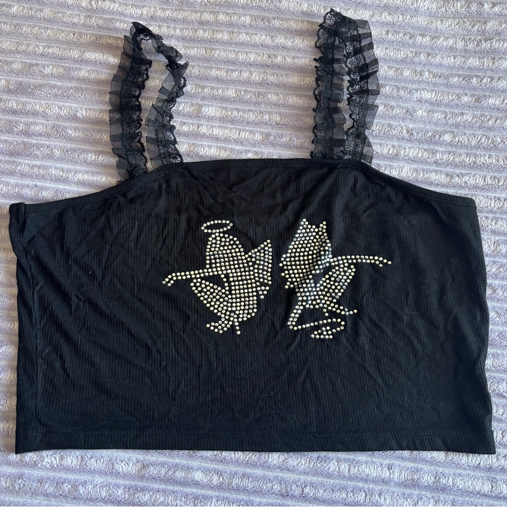 SHEIN Black Rhinestone Angel & Devil Lace Strap Crop Top Size L ✨🖤